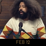 Image of Reggie Watts wearing a sweater with terracotta coloured diamonds on Comedy Bang! Bang!